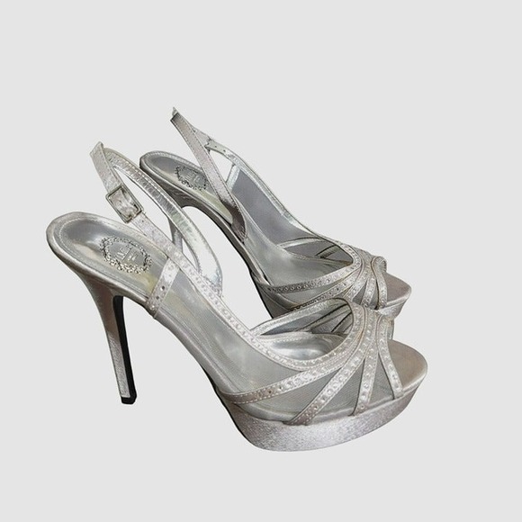 I. Miller Silver Satin Platform Stiletto Heels 8M Evening Wedding Rhinestone‎ - Picture 1 of 7